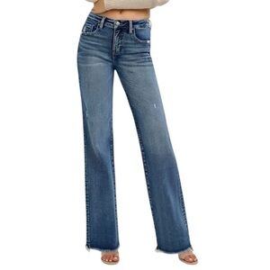 Risen Jeans High Rise Straight Leg Raw Hem Tummy Control Long Inseam 32